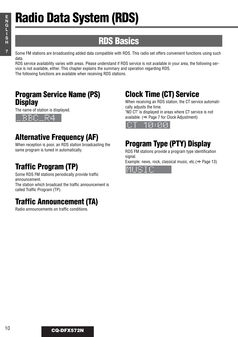 Radio data system (rds), Rds basics, Program service name (ps) display | Alternative frequency (af), Traffic program (tp), Traffic announcement (ta), Clock time (ct) service, Program type (pty) display | Panasonic CQ-DFX572N User Manual | Page 10 / 46