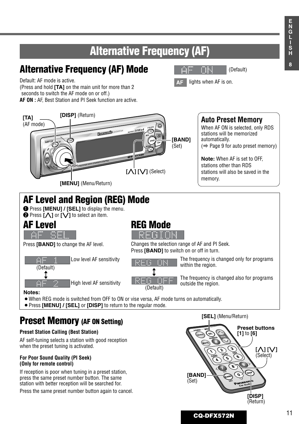 Alternative frequency (af), Alternative frequency (af) mode, Af level and region (reg) mode af level | Reg mode, Af on setting), Cq-dfx572n | Panasonic CQ-DFX572N User Manual | Page 11 / 46