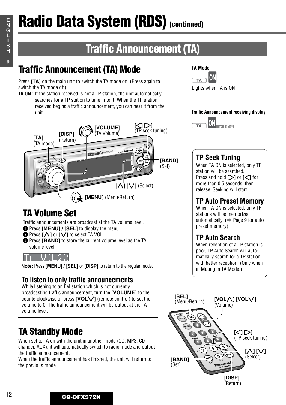 Radio data system (rds), Traffic announcement (ta), Traffic announcement (ta) mode | Ta standby mode, Ta volume set, Continued), Tp seek tuning, Tp auto search, Cq-dfx572n | Panasonic CQ-DFX572N User Manual | Page 12 / 46