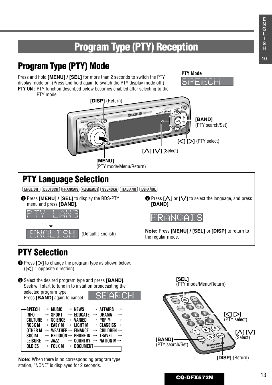 Program type (pty) reception, Program type (pty) mode, Pty selection | Pty language selection, Cq-dfx572n, Pty mode | Panasonic CQ-DFX572N User Manual | Page 13 / 46