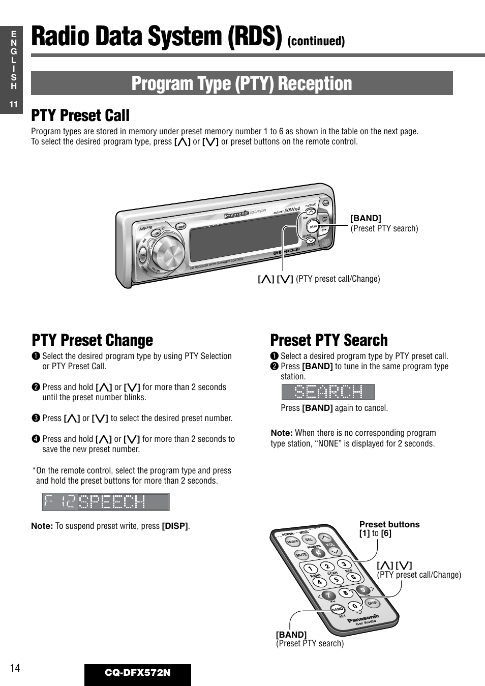 Radio data system (rds), Program type (pty) reception, Pty preset call | Pty preset change, Preset pty search, Continued), Cq-dfx572n | Panasonic CQ-DFX572N User Manual | Page 14 / 46