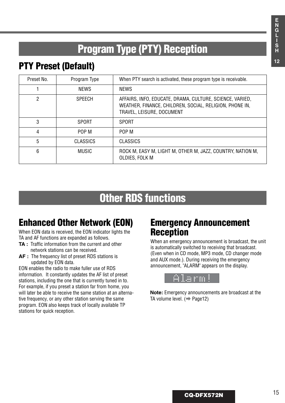 Program type (pty) reception other rds functions, Pty preset (default), Enhanced other network (eon) | Emergency announcement reception | Panasonic CQ-DFX572N User Manual | Page 15 / 46