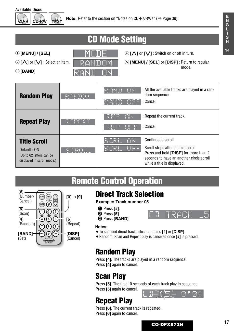 Cd mode setting remote control operation, Scan play, Direct track selection | Repeat play, Title scroll, Random play | Panasonic CQ-DFX572N User Manual | Page 17 / 46