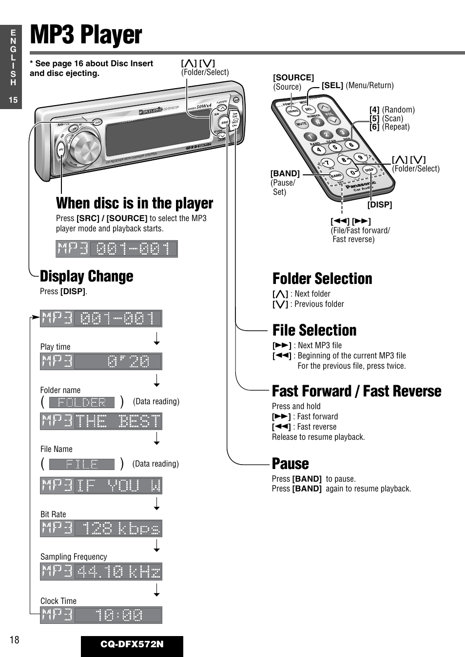 Mp3 player, When disc is in the player, Display change | File selection, Pause, Folder selection, Fast forward / fast reverse, Cq-dfx572n | Panasonic CQ-DFX572N User Manual | Page 18 / 46