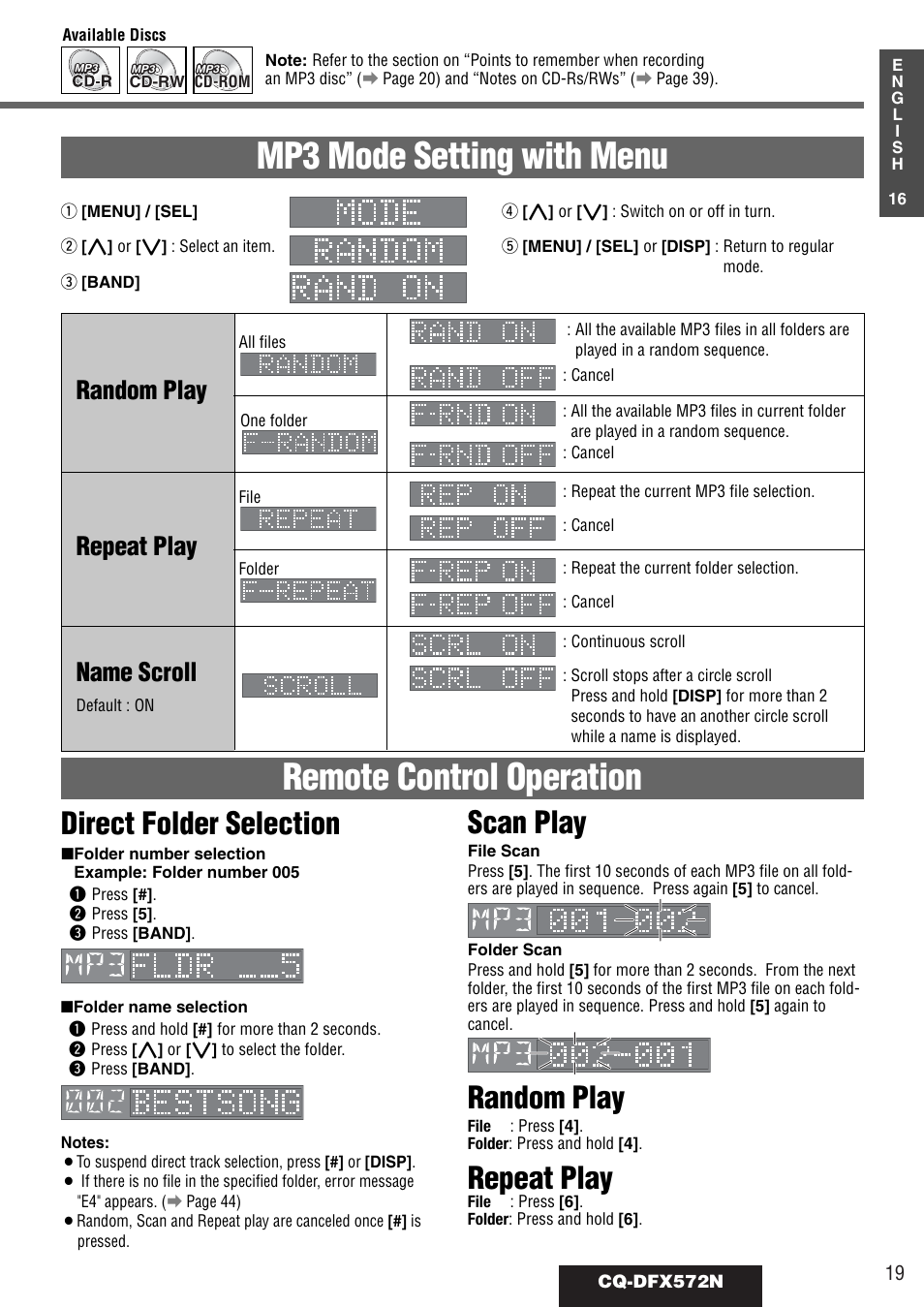 Scan play, Random play, Repeat play | Direct folder selection, Name scroll | Panasonic CQ-DFX572N User Manual | Page 19 / 46