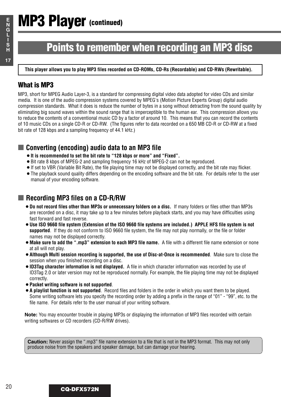 Mp3 player, Points to remember when recording an mp3 disc, Continued) | Converting (encoding) audio data to an mp3 file, Recording mp3 files on a cd-r/rw what is mp3 | Panasonic CQ-DFX572N User Manual | Page 20 / 46