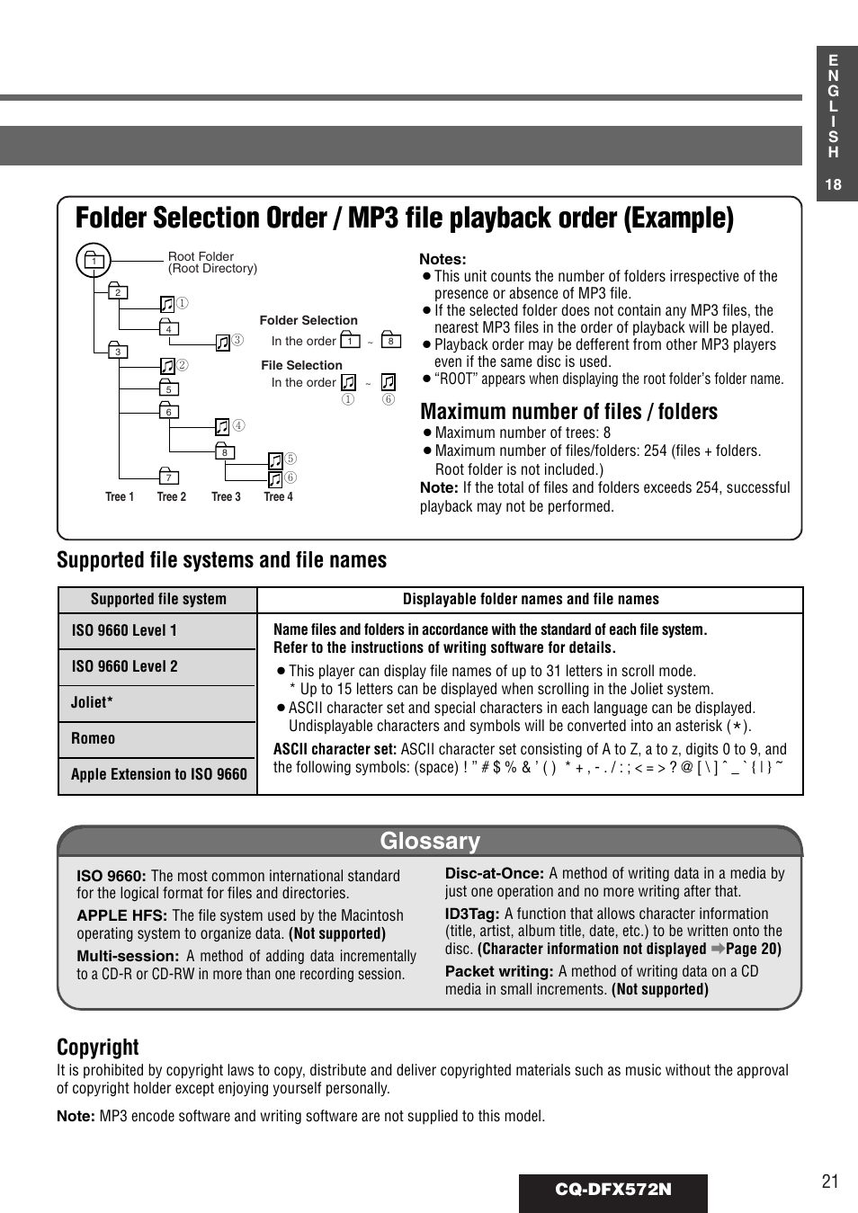 Glossary, Copyright | Panasonic CQ-DFX572N User Manual | Page 21 / 46