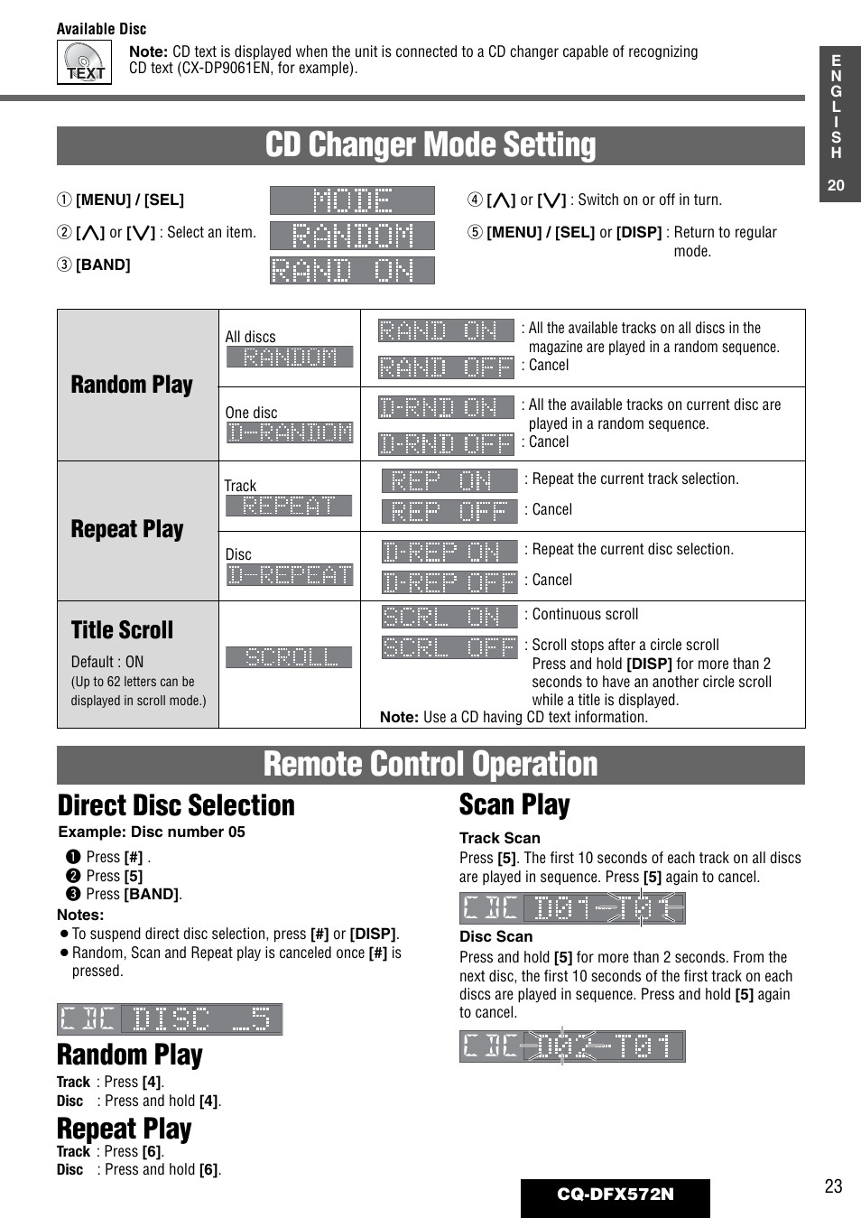Cd changer mode setting, Remote control operation, Direct disc selection | Scan play, Random play, Repeat play, Title scroll | Panasonic CQ-DFX572N User Manual | Page 23 / 46