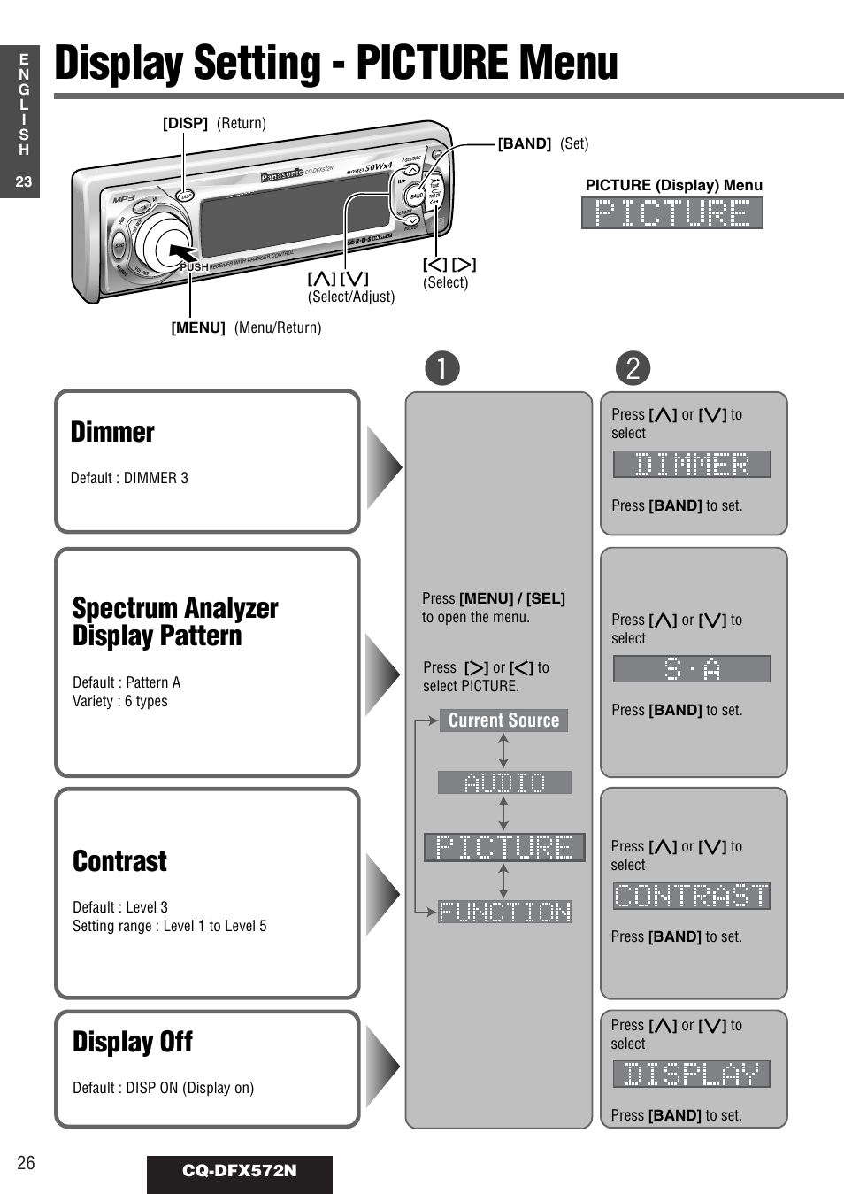 Display setting - picture menu, Spectrum analyzer display pattern, Contrast | Display off, Dimmer, Current source, Cq-dfx572n, Default : pattern a variety : 6 types | Panasonic CQ-DFX572N User Manual | Page 26 / 46