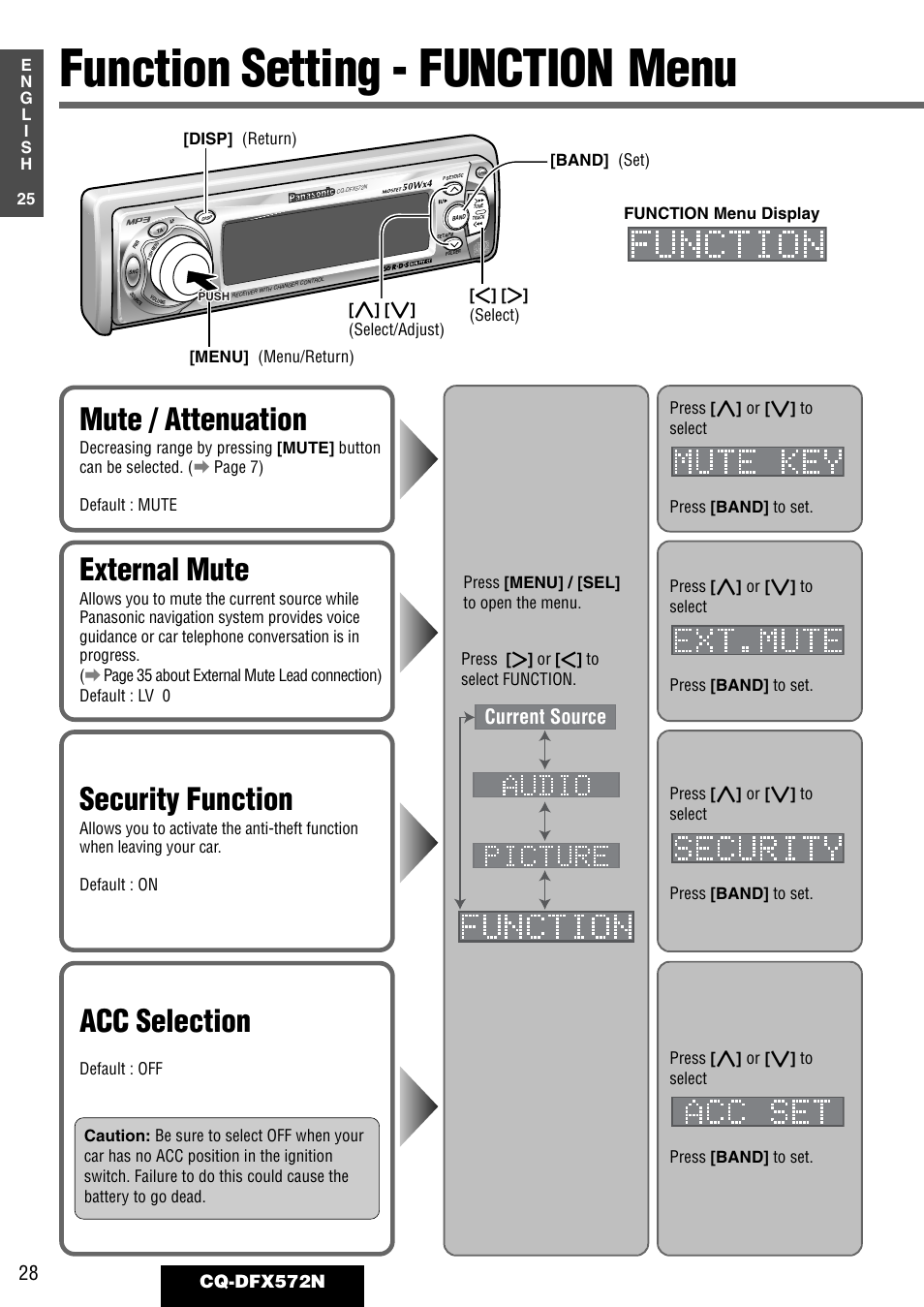 Function setting - function menu, Mute / attenuation, External mute | Security function, Acc selection, Current source, Cq-dfx572n | Panasonic CQ-DFX572N User Manual | Page 28 / 46