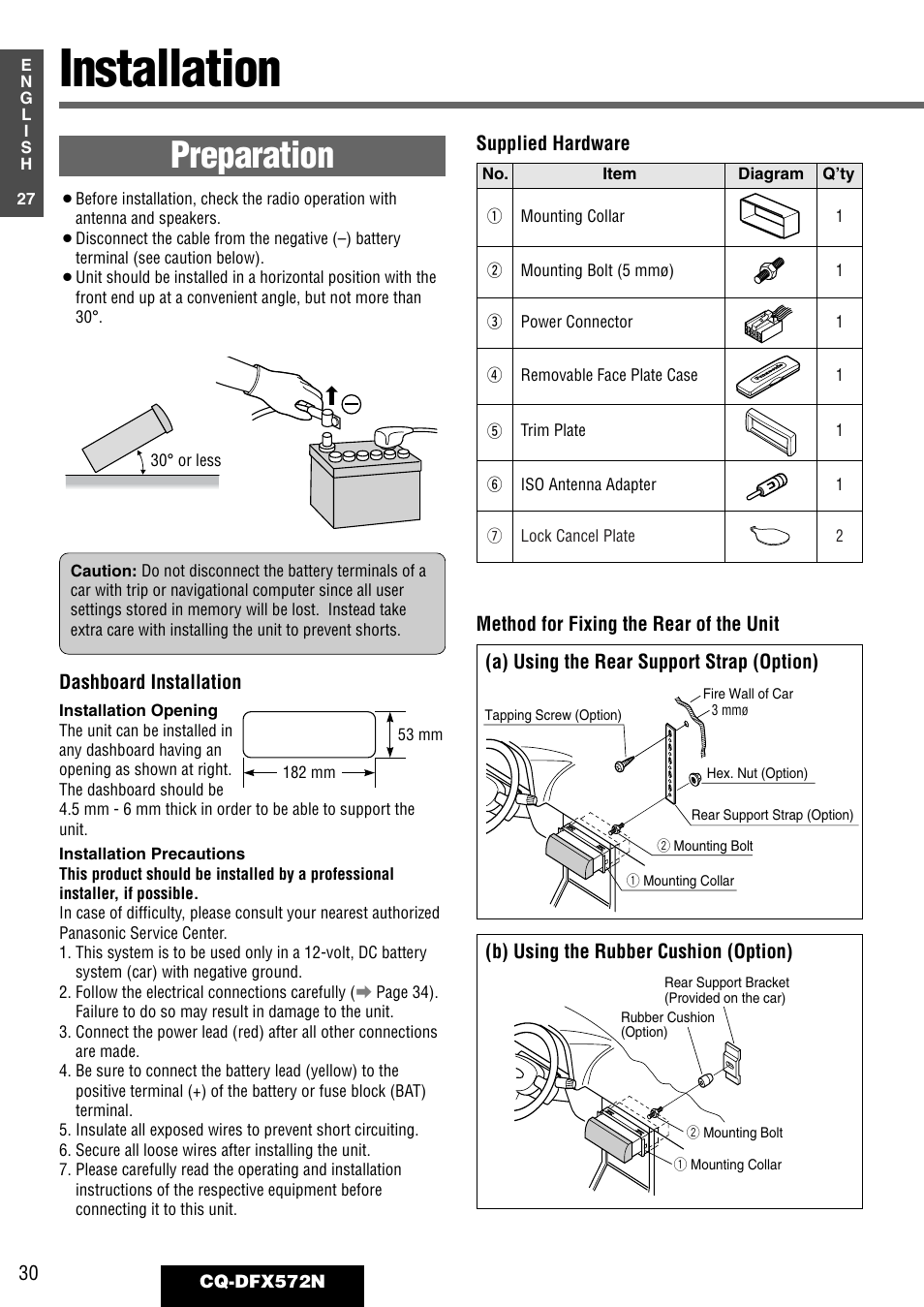 Installation, Preparation | Panasonic CQ-DFX572N User Manual | Page 30 / 46