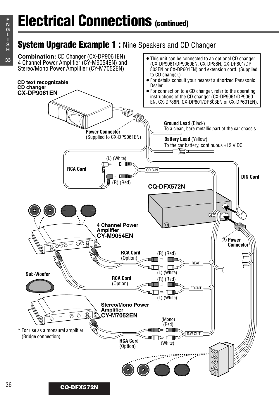 Electrical connections, System upgrade example 1, Continued) | Nine speakers and cd changer | Panasonic CQ-DFX572N User Manual | Page 36 / 46