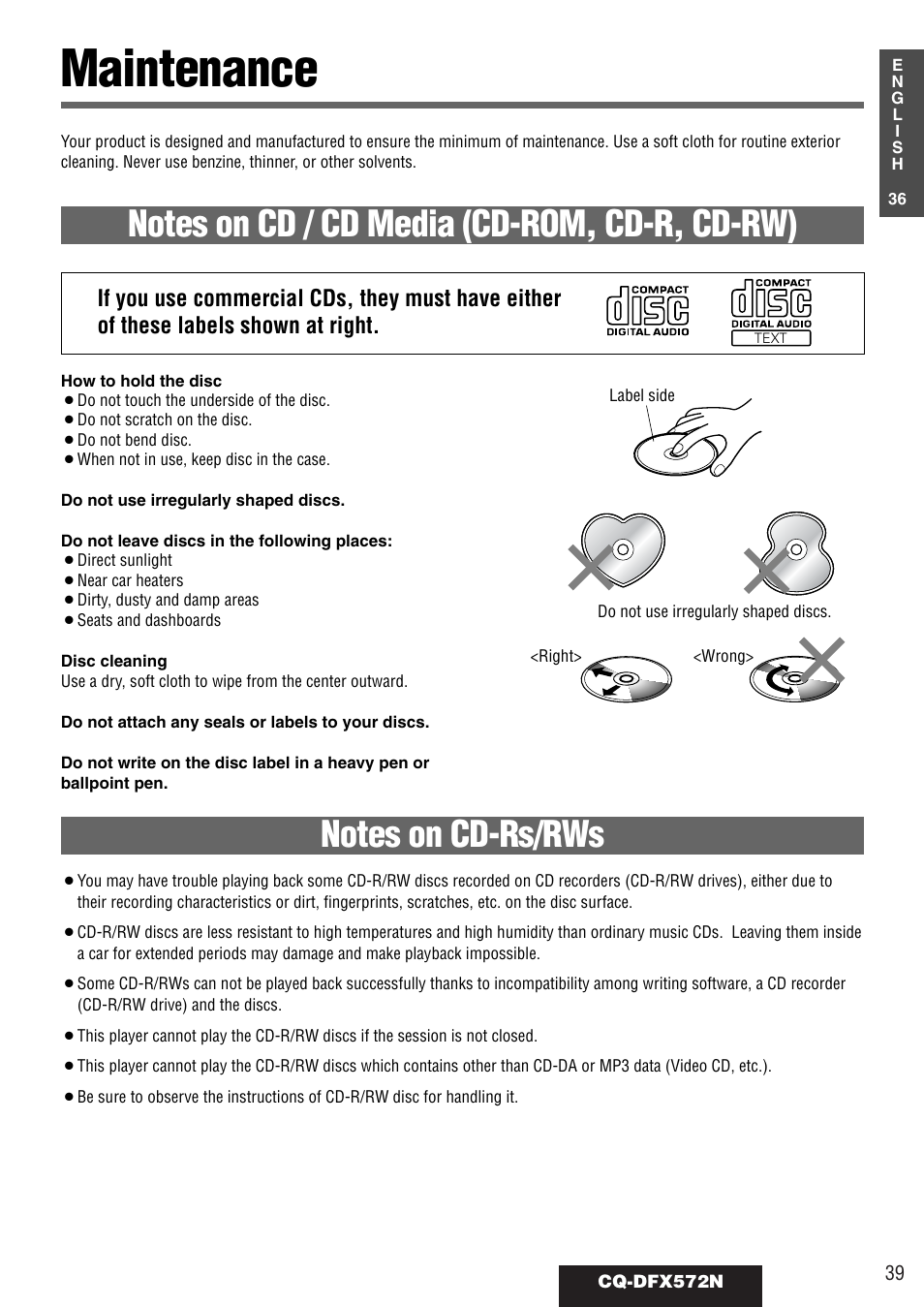 Maintenance | Panasonic CQ-DFX572N User Manual | Page 39 / 46