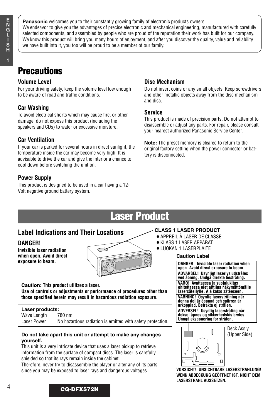 Laser product, Precautions, Label indications and their locations | Panasonic CQ-DFX572N User Manual | Page 4 / 46