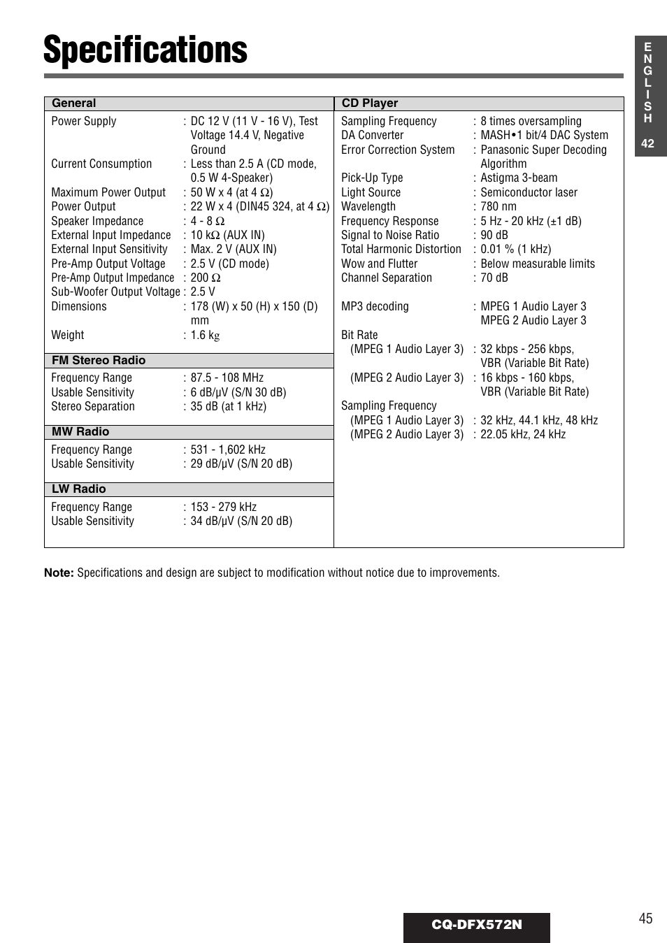 Specifications | Panasonic CQ-DFX572N User Manual | Page 45 / 46