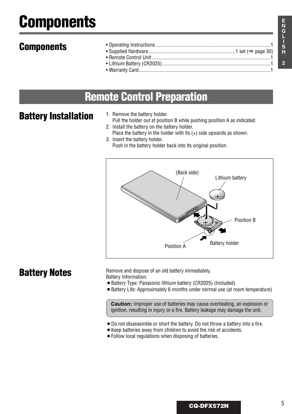 Components, Remote control preparation, Battery installation | Panasonic CQ-DFX572N User Manual | Page 5 / 46
