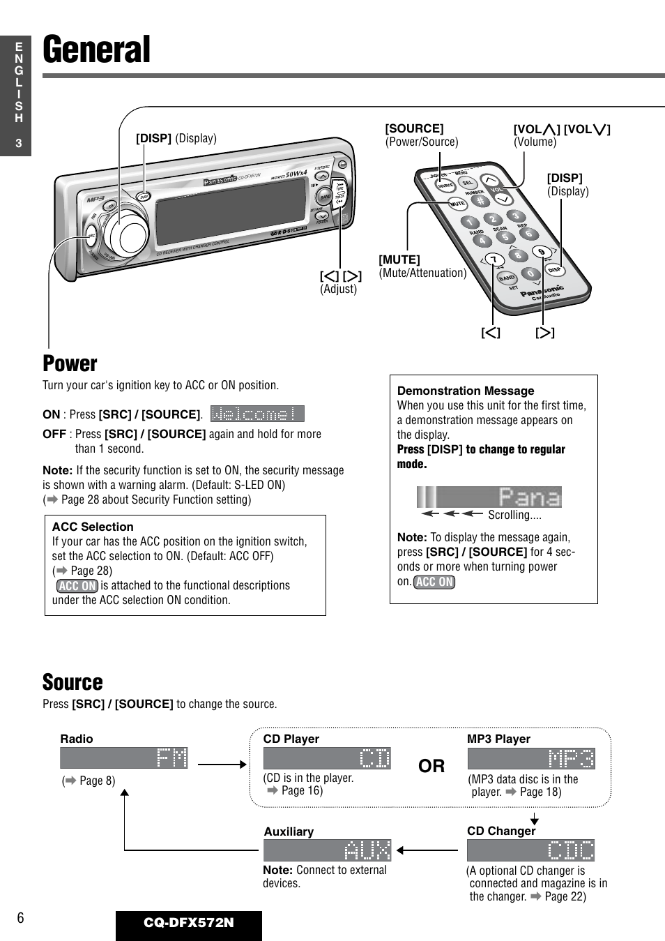 General, Power, Source | Cq-dfx572n | Panasonic CQ-DFX572N User Manual | Page 6 / 46