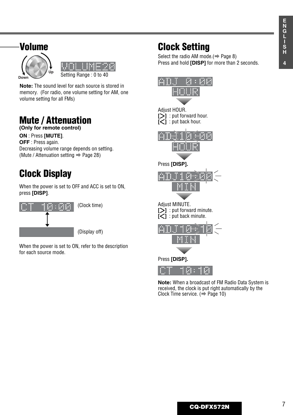 Volume mute / attenuation, Clock setting, Clock display | Panasonic CQ-DFX572N User Manual | Page 7 / 46