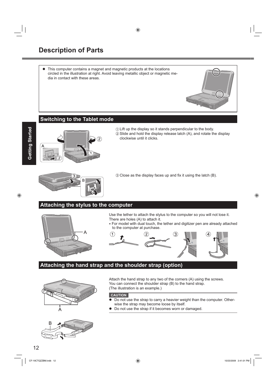 Description of parts, Switching to the tablet mode, Attaching the stylus to the computer | Panasonic CF-19 User Manual | Page 12 / 40