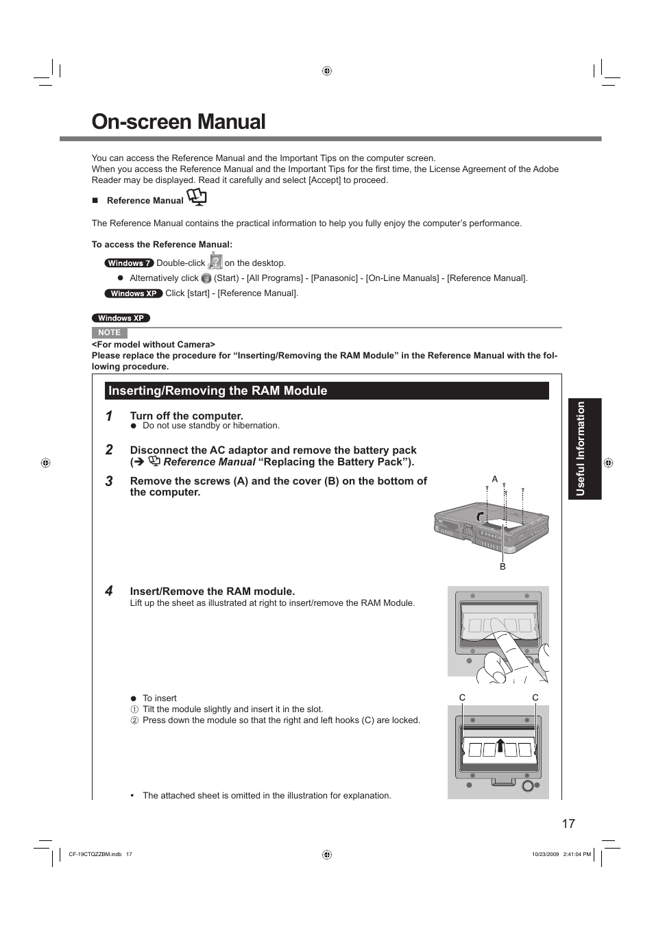 On-screen manual, Inserting/removing the ram module | Panasonic CF-19 User Manual | Page 17 / 40