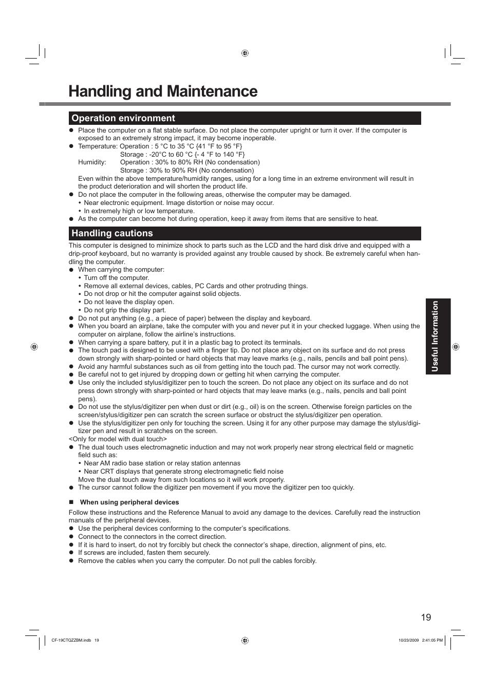 Handling and maintenance, Operation environment, Handling cautions | Panasonic CF-19 User Manual | Page 19 / 40