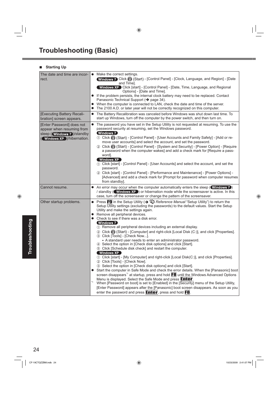 Troubleshooting (basic) | Panasonic CF-19 User Manual | Page 24 / 40