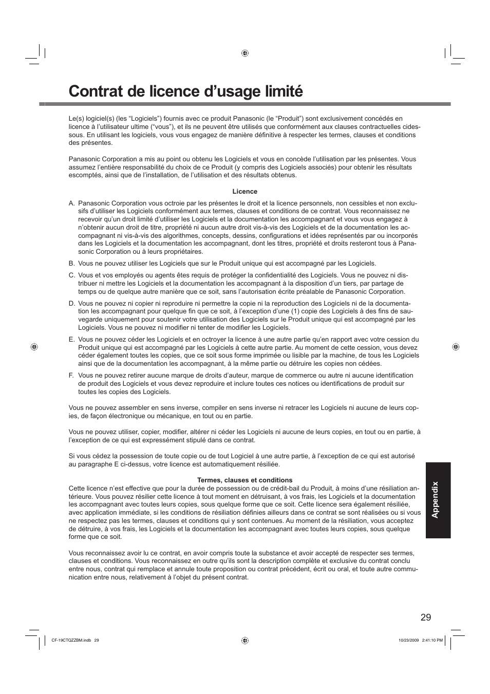 Contrat de licence d’usage limité | Panasonic CF-19 User Manual | Page 29 / 40
