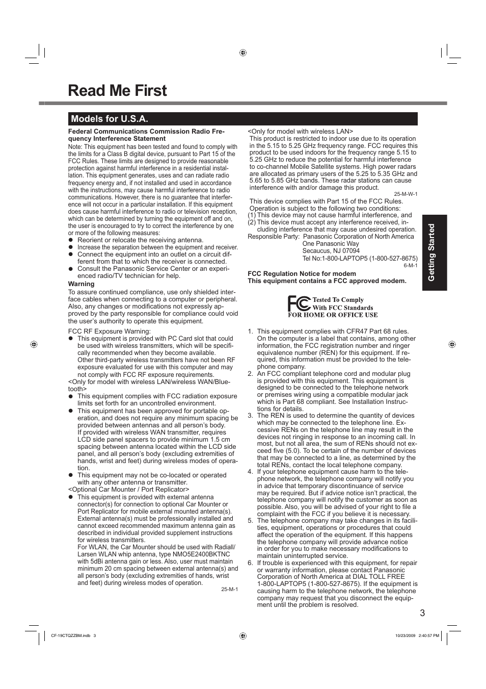 Read me first, Models for u.s.a | Panasonic CF-19 User Manual | Page 3 / 40
