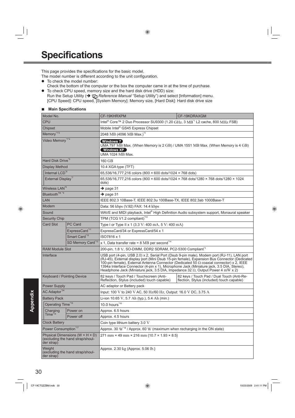 Specifi cations, Appendix | Panasonic CF-19 User Manual | Page 30 / 40