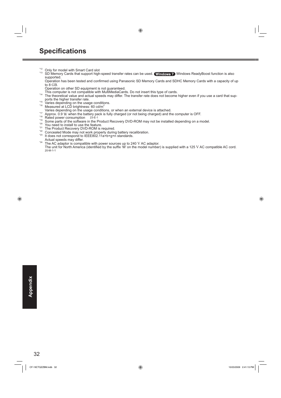 Specifi cations, Appendix | Panasonic CF-19 User Manual | Page 32 / 40