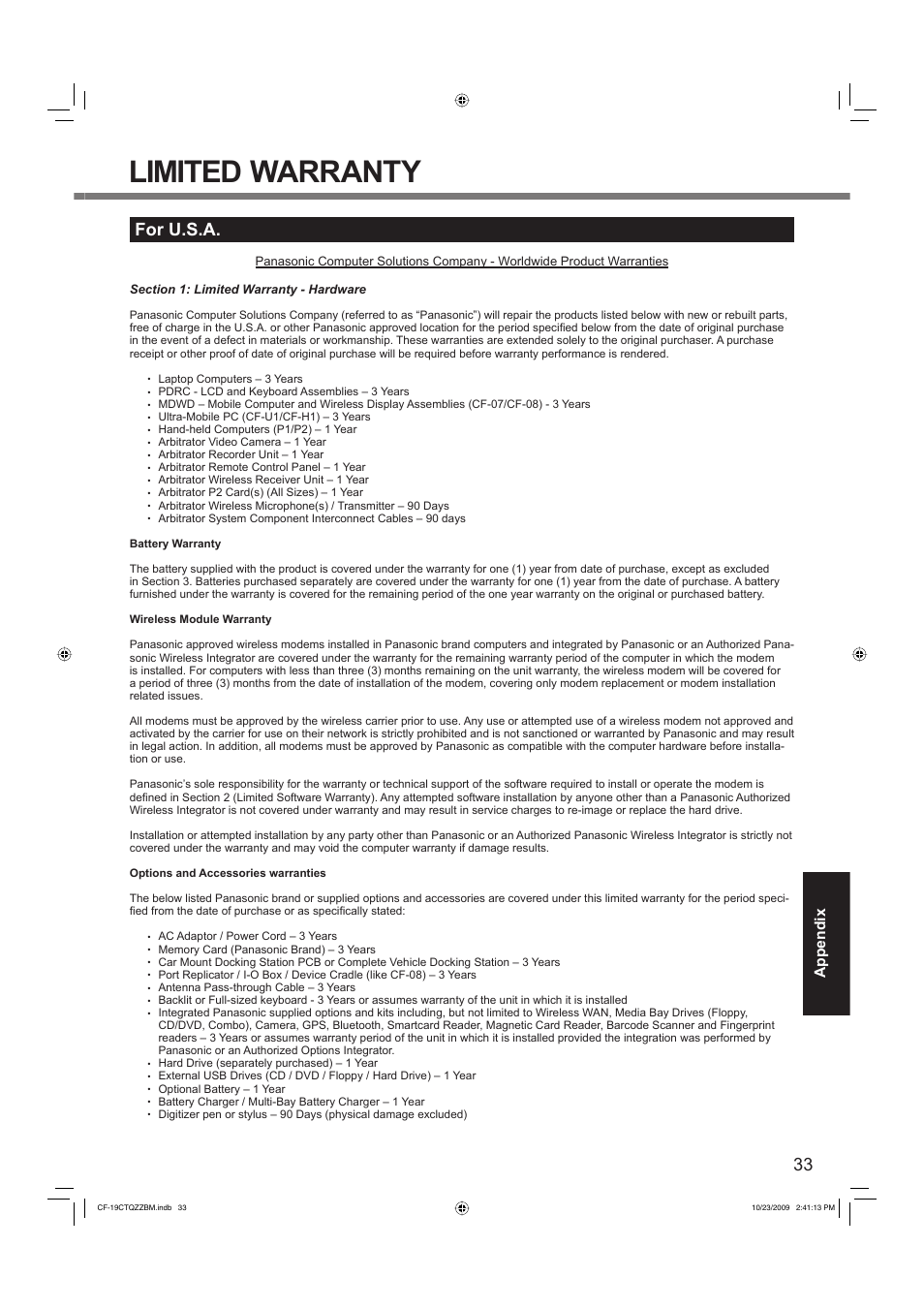 Limited warranty, For u.s.a, Appendix | Panasonic CF-19 User Manual | Page 33 / 40