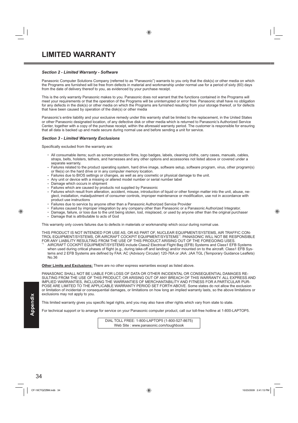 Limited warranty, Appendix | Panasonic CF-19 User Manual | Page 34 / 40