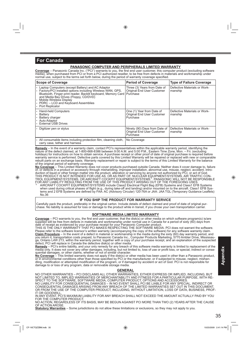 For canada, Appendix | Panasonic CF-19 User Manual | Page 35 / 40