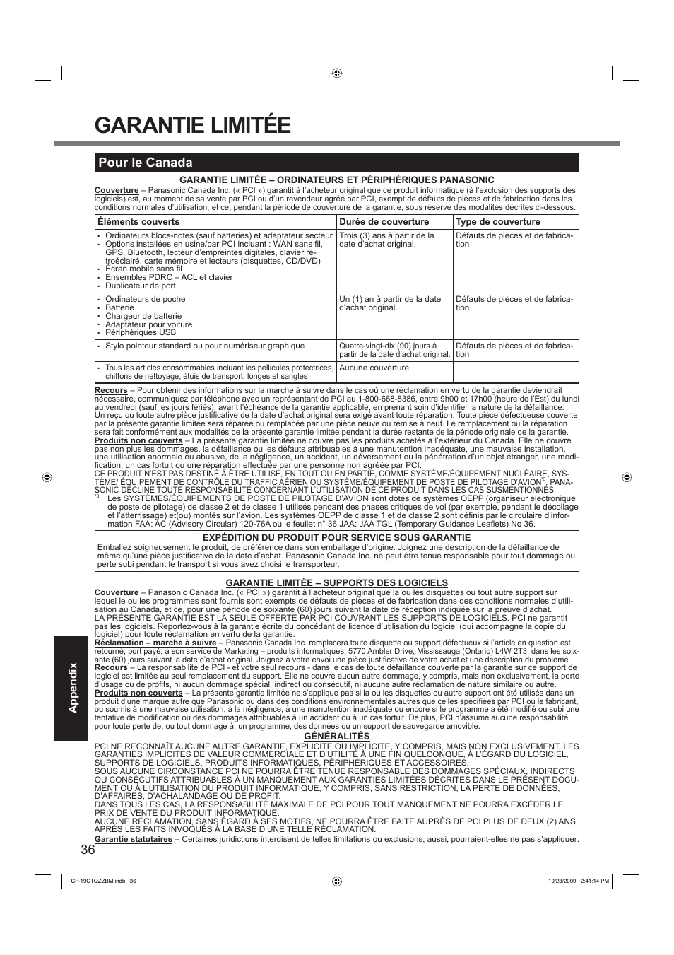 Garantie limitée, Pour le canada, Appendix | Panasonic CF-19 User Manual | Page 36 / 40