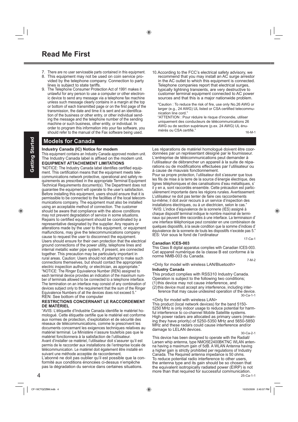 Read me first, Models for canada | Panasonic CF-19 User Manual | Page 4 / 40