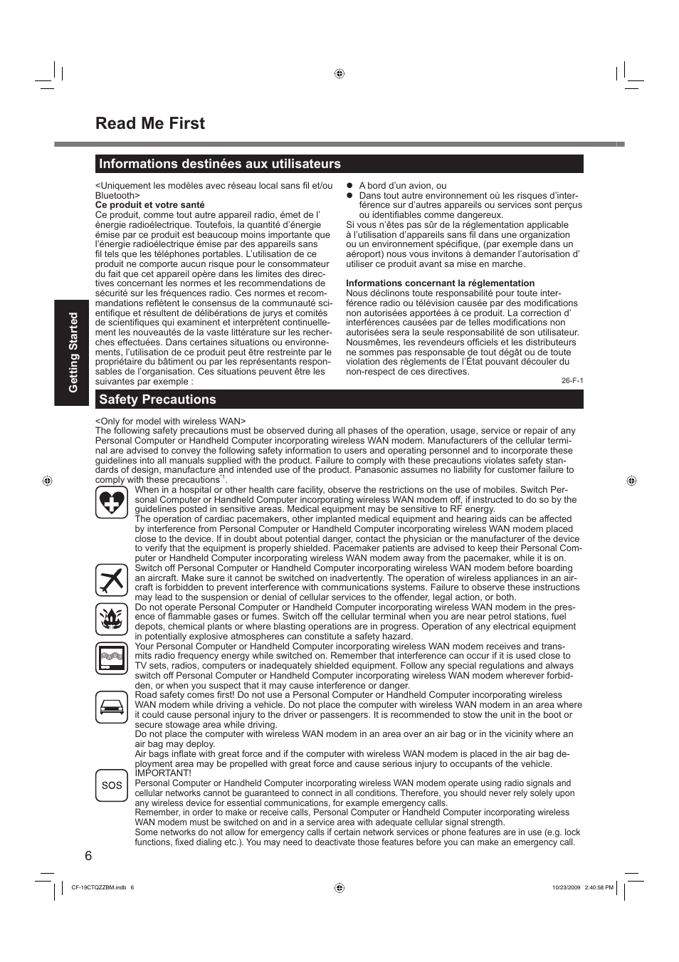 Read me first, Informations destinées aux utilisateurs, Safety precautions | Panasonic CF-19 User Manual | Page 6 / 40