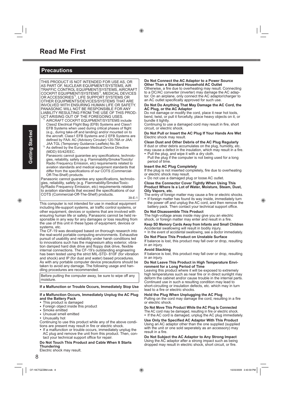 Read me first, Precautions | Panasonic CF-19 User Manual | Page 8 / 40