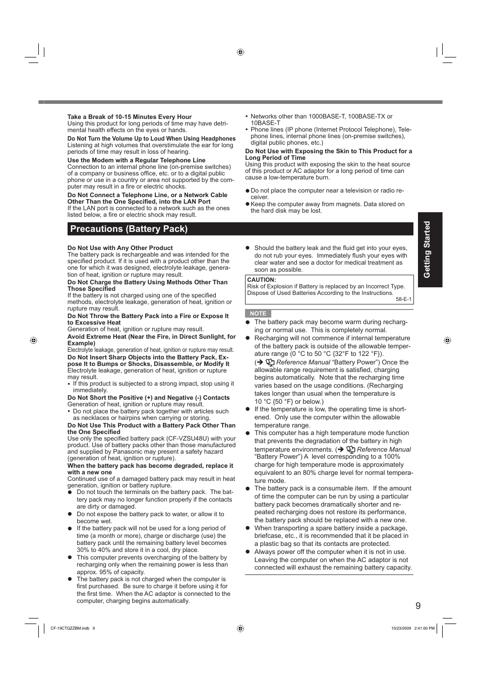Precautions (battery pack) | Panasonic CF-19 User Manual | Page 9 / 40