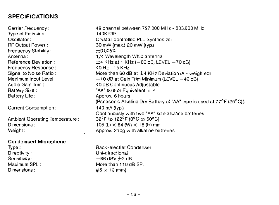 Specifications | Panasonic WX-RP410 User Manual | Page 19 / 22