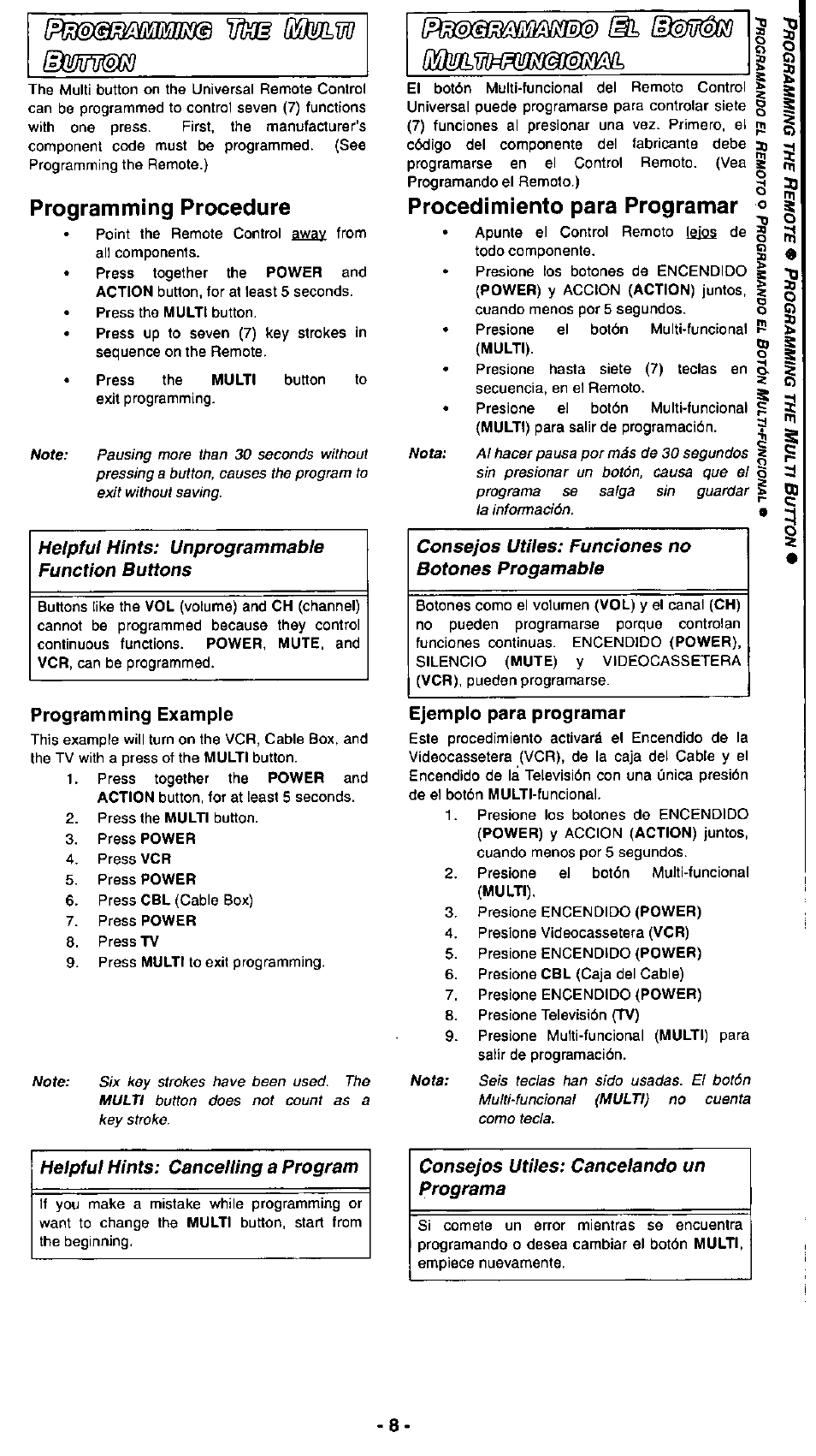 Programming procedure, Procedimiento para programar, Programming example | Ejemplo para programar | Panasonic EUR511112 User Manual | Page 8 / 8