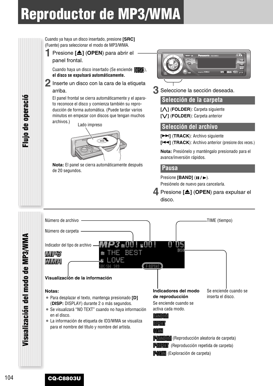 Reproductor de mp3/wma, Flujo de operació, Visualización del modo de mp3/wma | Panasonic CQ-C8803U User Manual | Page 104 / 120