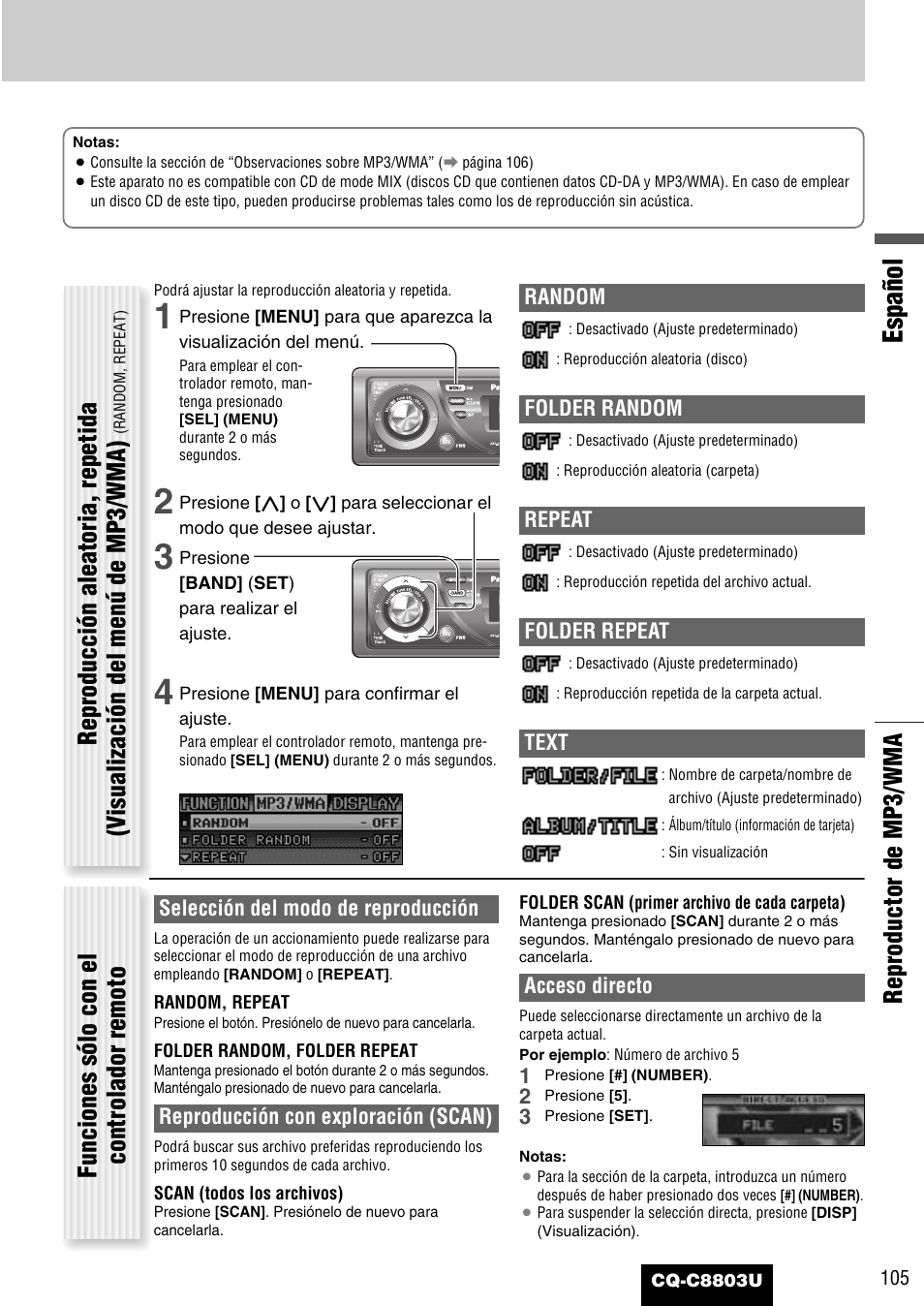 Español, Reproductor de mp3/wma, Funciones sólo con el controlador remoto | Panasonic CQ-C8803U User Manual | Page 105 / 120