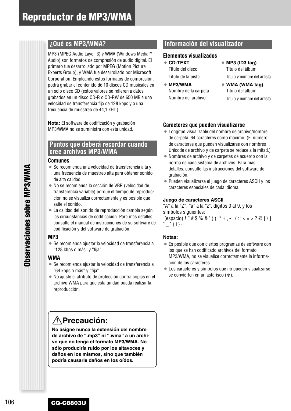 Reproductor de mp3/wma, Precaución, Obser vaciones sobre mp3/wma | Qué es mp3/wma, Información del visualizador | Panasonic CQ-C8803U User Manual | Page 106 / 120