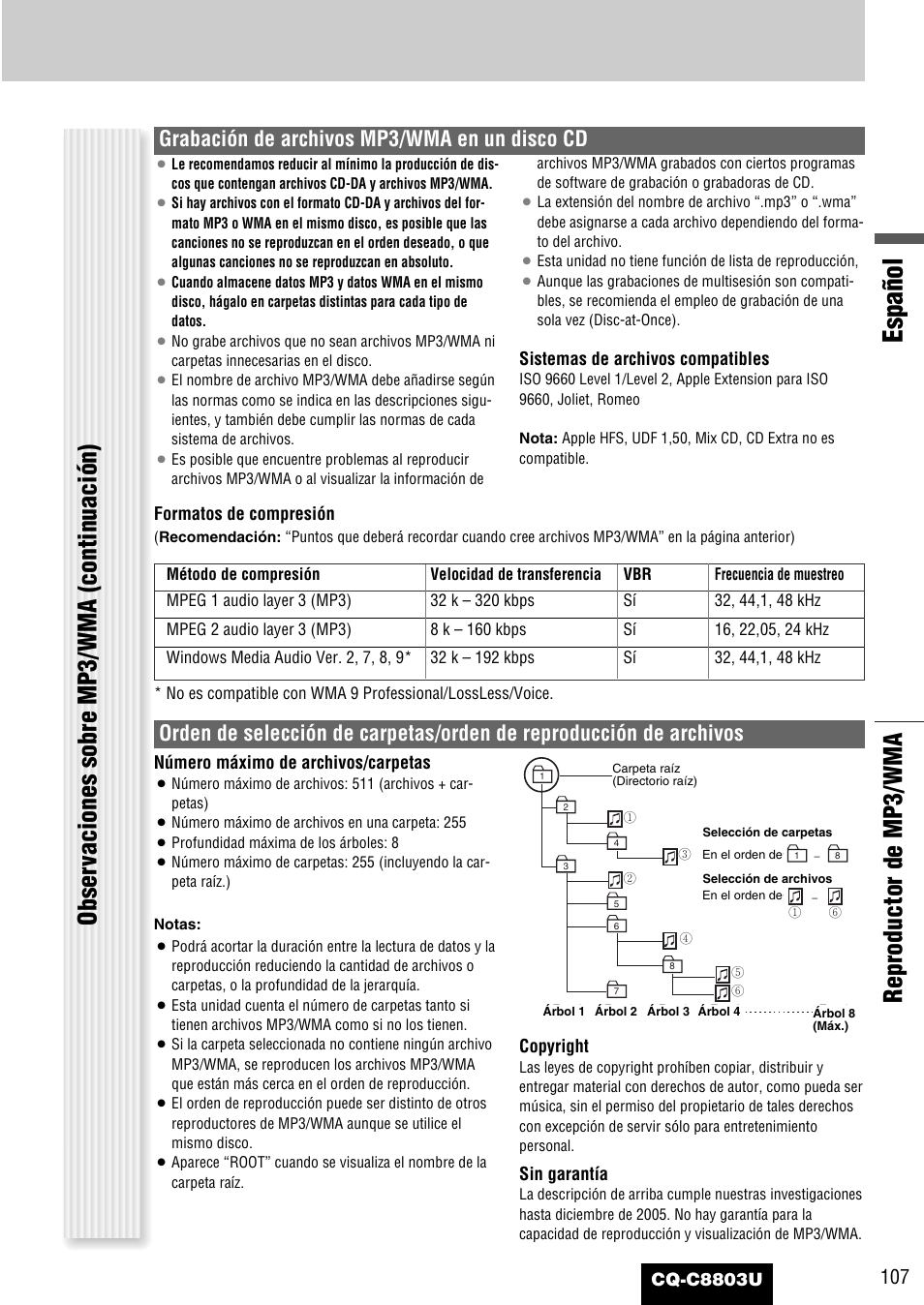 Español, Obser vaciones sobre mp3/wma (continuación), Reproductor de mp3/wma | Grabación de archivos mp3/wma en un disco cd | Panasonic CQ-C8803U User Manual | Page 107 / 120