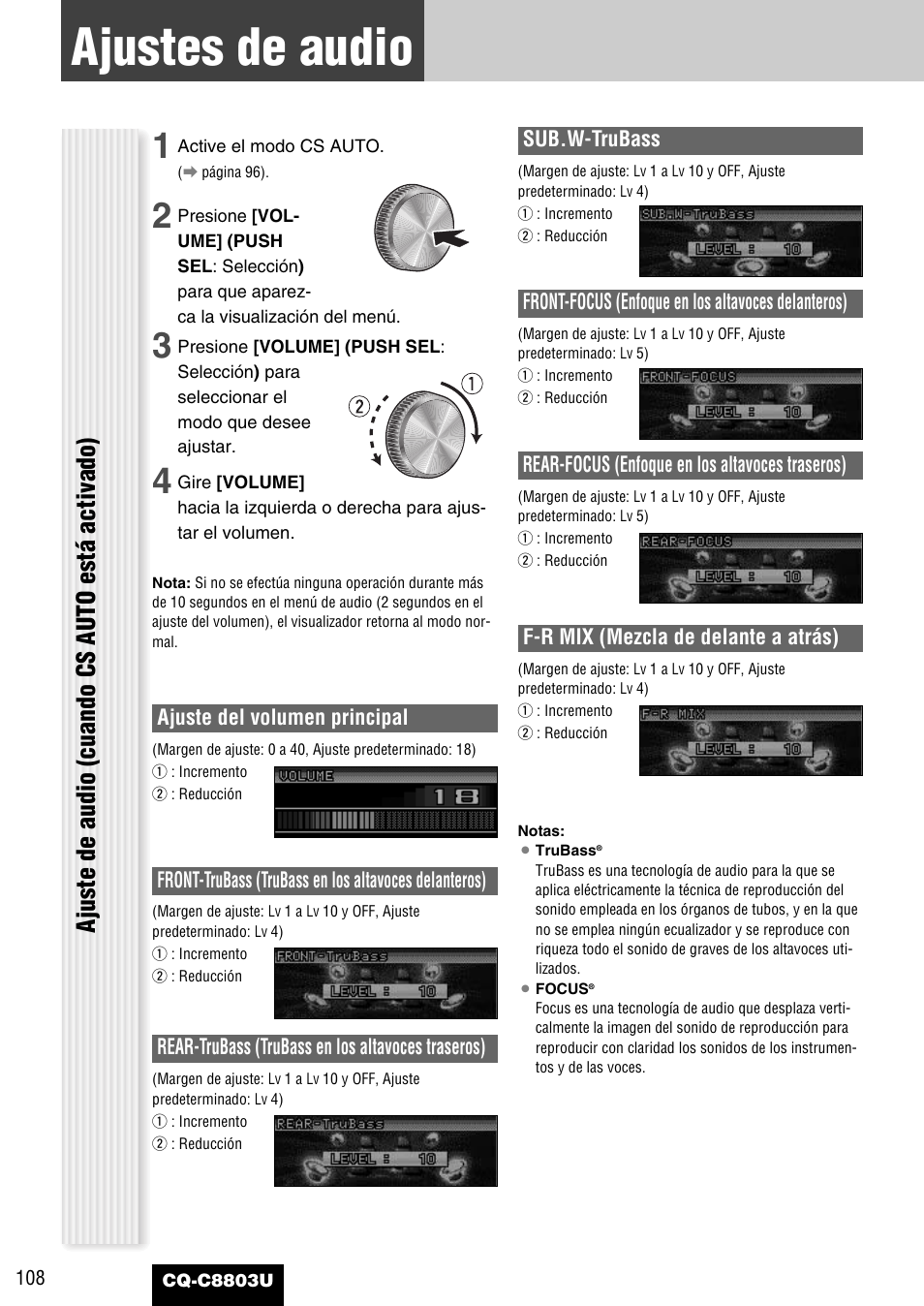Como sea necesario, Ajustes de audio, Ajuste de audio (cuando cs auto está activado) | Panasonic CQ-C8803U User Manual | Page 108 / 120