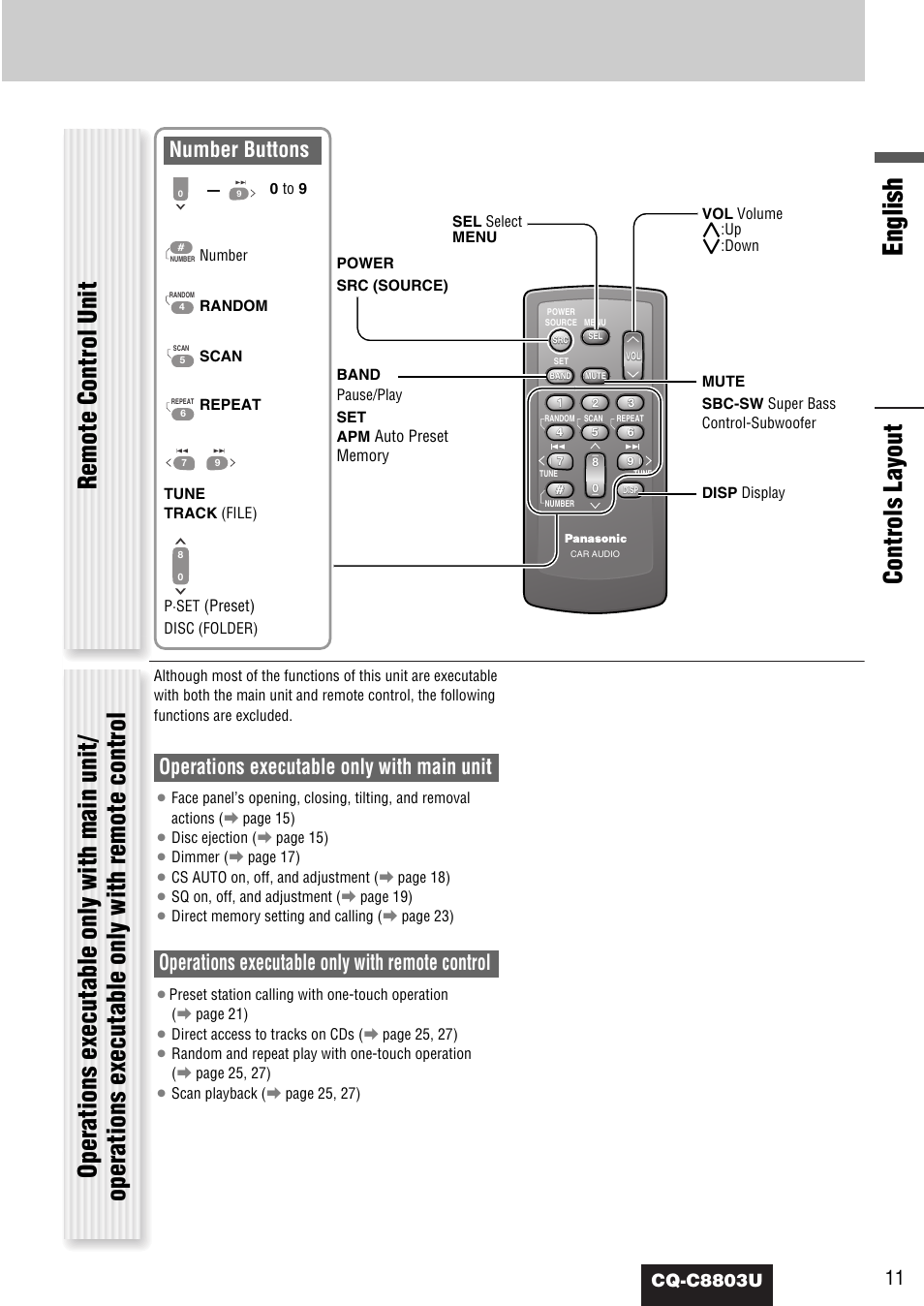 English, Operations executable only with main unit, Operations executable only with remote control | Number buttons, Cq-c8803u | Panasonic CQ-C8803U User Manual | Page 11 / 120