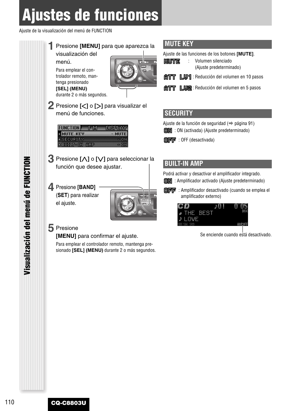 Ajustes de funciones, Visualización del menú de function | Panasonic CQ-C8803U User Manual | Page 110 / 120
