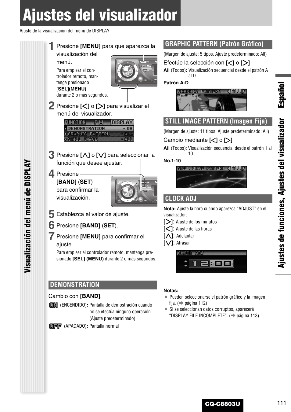 Ajustes del visualizador, Español, Ajustes de funciones, ajustes del visualizador | Visualización del menú de displa y | Panasonic CQ-C8803U User Manual | Page 111 / 120