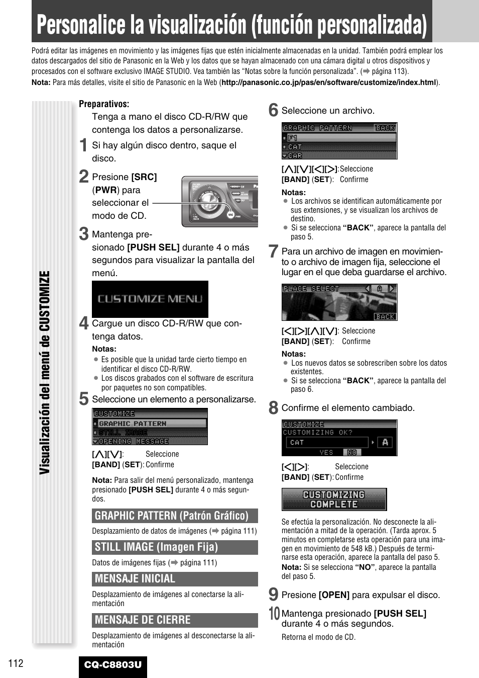 Visualización del menú de customize | Panasonic CQ-C8803U User Manual | Page 112 / 120