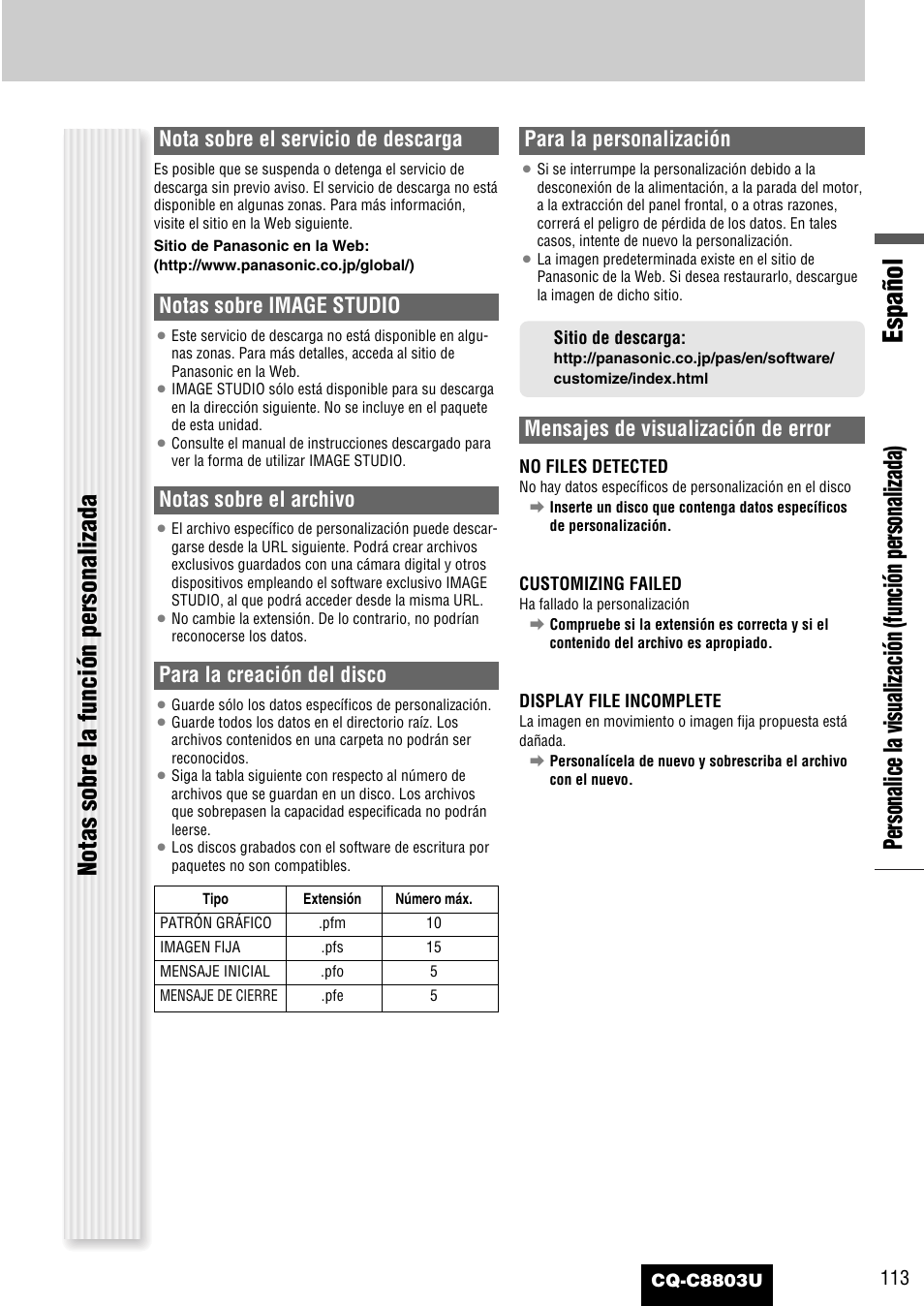 Español, Nota sobre el servicio de descarga, Notas sobre image studio | Notas sobre el archivo, Para la creación del disco, Para la personalización, Mensajes de visualización de error | Panasonic CQ-C8803U User Manual | Page 113 / 120